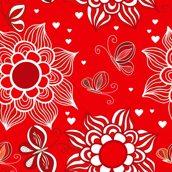 Bezešvé vzor s láskou valentine motýly a květiny. — Stockový vektor