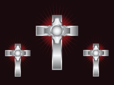 Three ornate silver crosses on a maroon background clipart