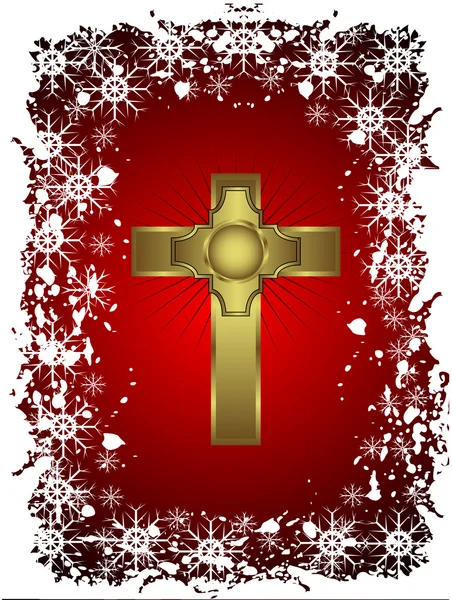 Una cruz de oro sobre un fondo navideño con una frontera nevada — Vector de stock