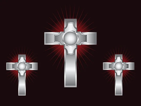 Three ornate silver crosses on a maroon background — Stock Vector