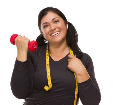 Hispanic Woman with Tape Measure Lifting Dumbbell clipart