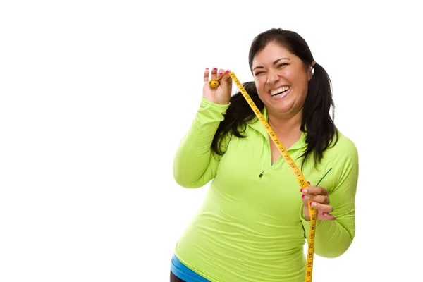 Hispanic Woman In Workout Clothes with Tape Measure — Stock Photo, Image