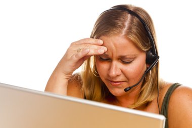 Businesswoman with Phone Headset and Headache clipart
