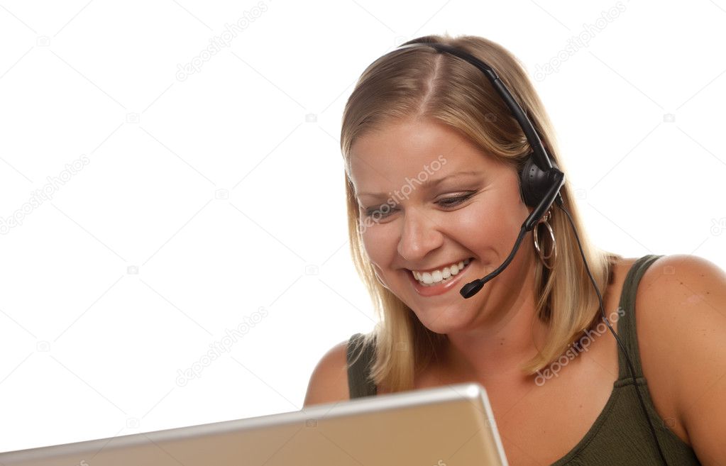 Beautiful Friendly Customer Support Girl and Computer