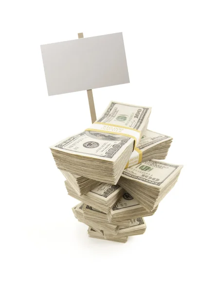 Stacks of One Hundred Dollar Bills with Blank Sign — Stock Photo, Image