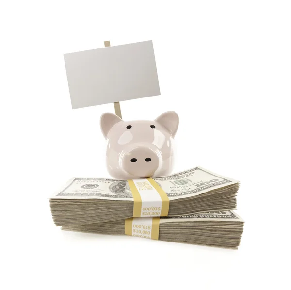 Pink Piggy Bank with Stacks of Money and Blank Sign — Stock Photo, Image