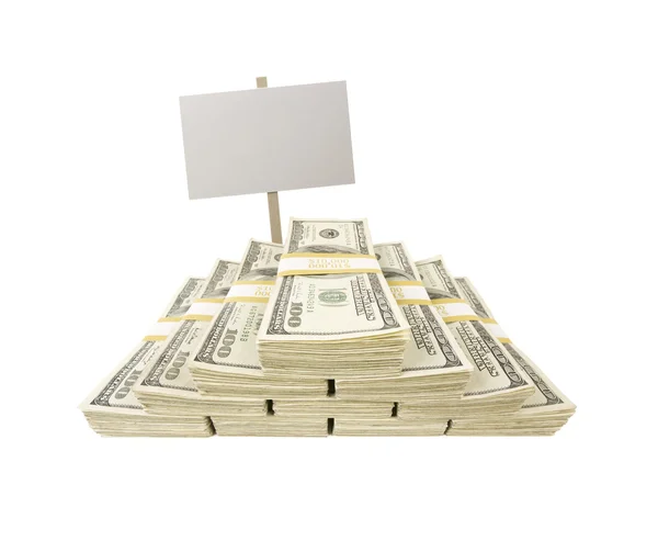 Stacks of One Hundred Dollar Bills on White with Blank Sign — Stock Photo, Image