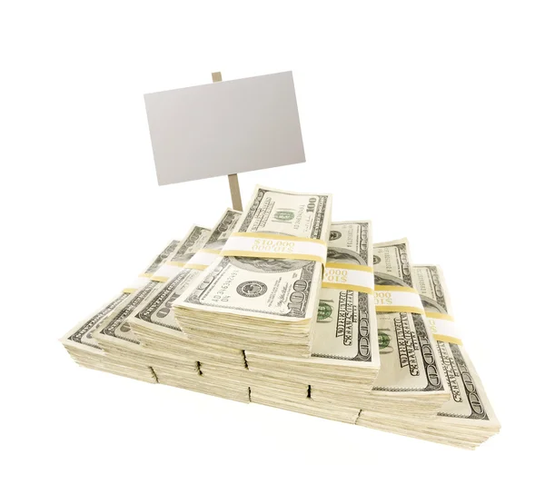 Stacks of One Hundred Dollar Bills on White with Blank Sign — Stock Photo, Image