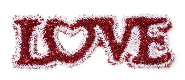 La palabra amor en forma de hojalata blanca y roja — Foto de Stock