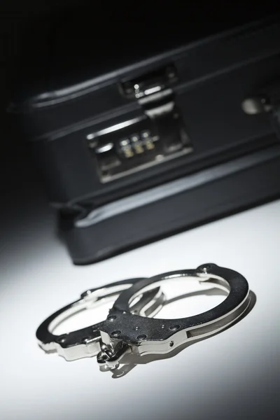 Pair of Handcuffs and Briefcase Under Spot Light — Stock Photo, Image