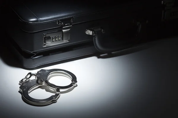 Pair of Handcuffs and Briefcase Under Spot Light — Stock Photo, Image