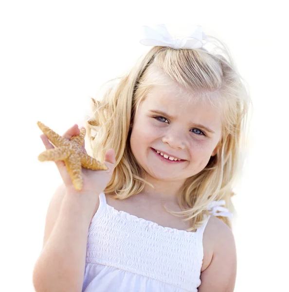 Adorable Little Blonde Girl with Starfish Isolated — Stock Photo, Image