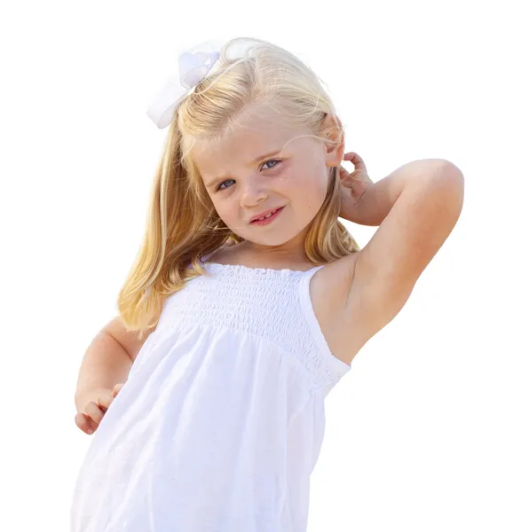 Urocza blondynka dziewczynka o portret na białym tle — Zdjęcie stockowe