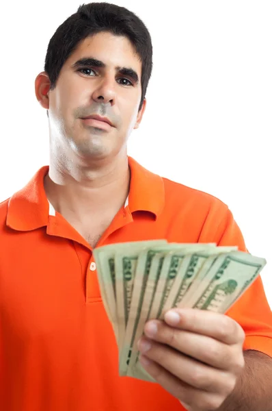 Handsome hispanic man with american dollars isolated on white — Stock Photo, Image