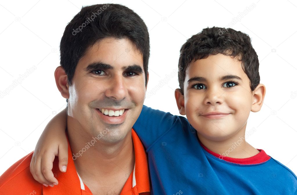 Portrait of a cute latin boy hugging his father isolated on white