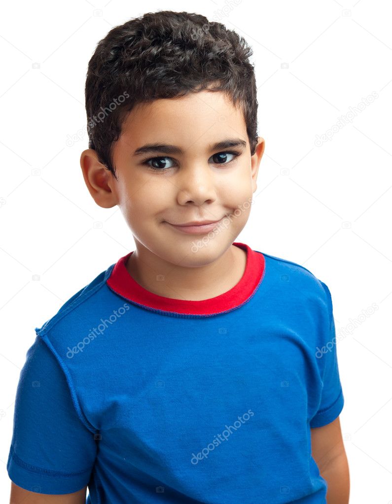 Portrait of a cute small latin boy isolated o white