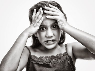 Black and white image of an angry and desperate girl clipart