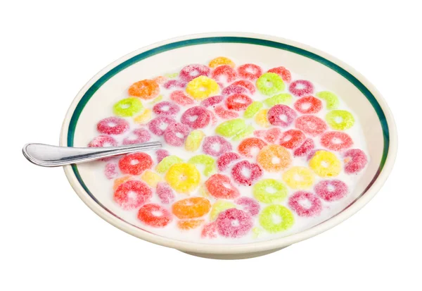 Bowl with a colorful childreans cereal and milk — Stock Photo, Image
