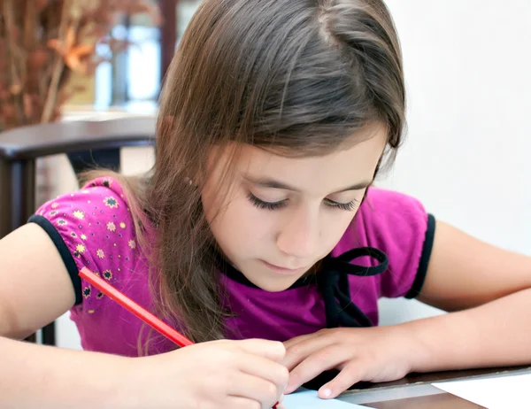 Piccola ragazza ispanica che lavora al suo progetto scolastico a casa — Foto Stock