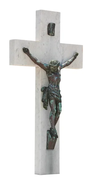 Estatua de bronce de la crucifixión de Jesús aislada sobre blanco —  Fotos de Stock