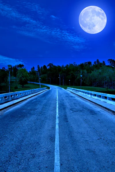 Strada solitaria di notte illuminata dalla luna — Foto Stock