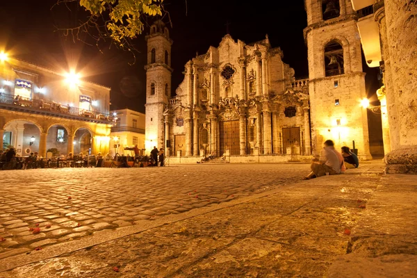 Havana geceleri aydınlatılan Katedrali — Stok fotoğraf