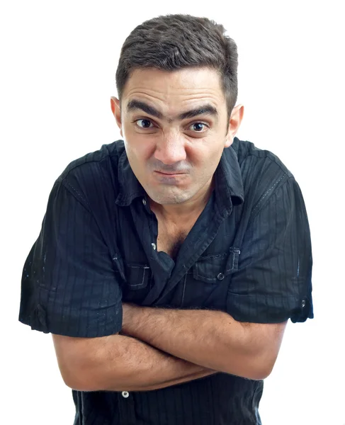 Latin adam komik kızgın yüzlü beyaz izole bir — Stok fotoğraf