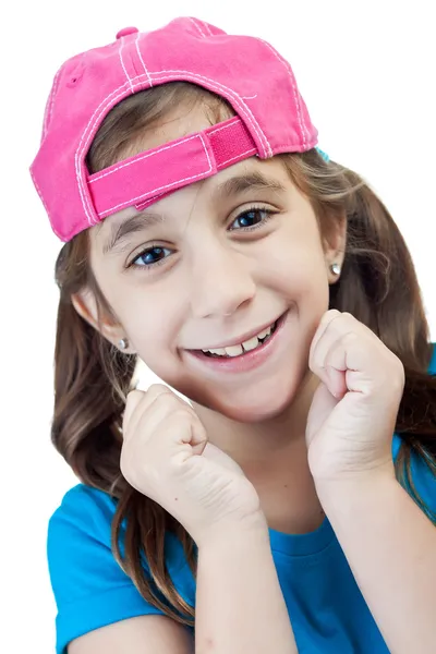 Krásná hispánský dívka, která nosí růžovou baseballovou čapku izolované na bílém — Stock fotografie