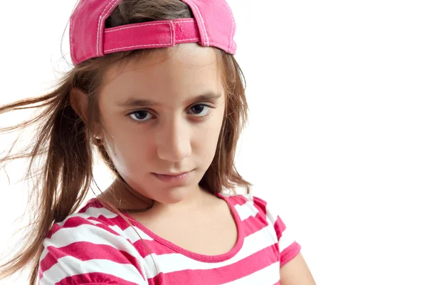 トレンディな gispanic 女の子を白で隔離される野球帽 — ストック写真