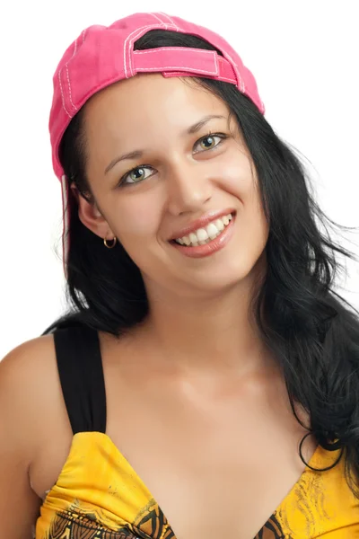 Hermosa chica latina con una gorra de béisbol rosa — Foto de Stock