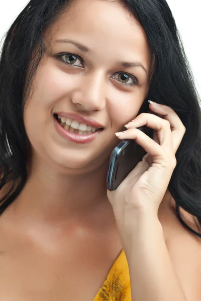 Beautifil latin girl talking on a phone isolated on white — Stock Photo, Image