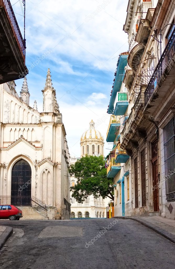 Urban scene with shabby buildings in Old Havana