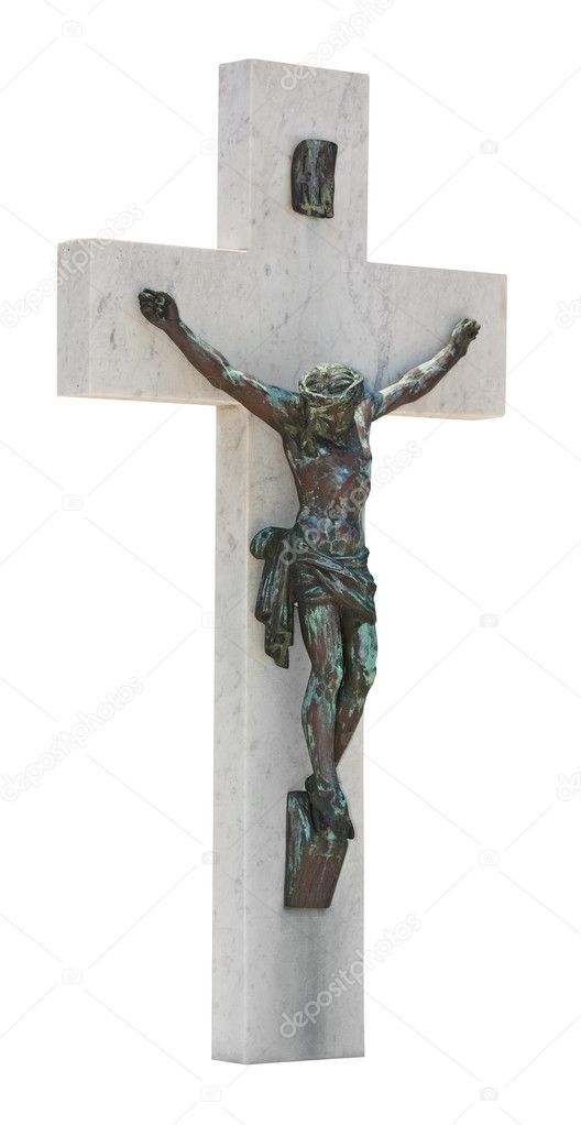Bronze statue of the crucifixion of Jesus isolated on white