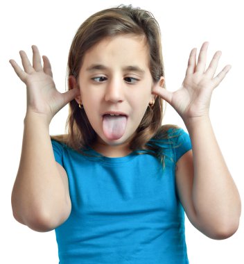 Small girl making a funny face isolated on white clipart