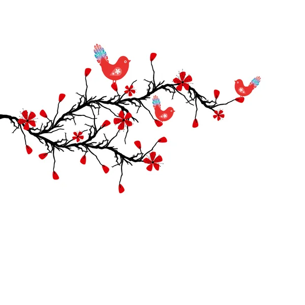 Floraison Cerisier et oiseaux — Image vectorielle
