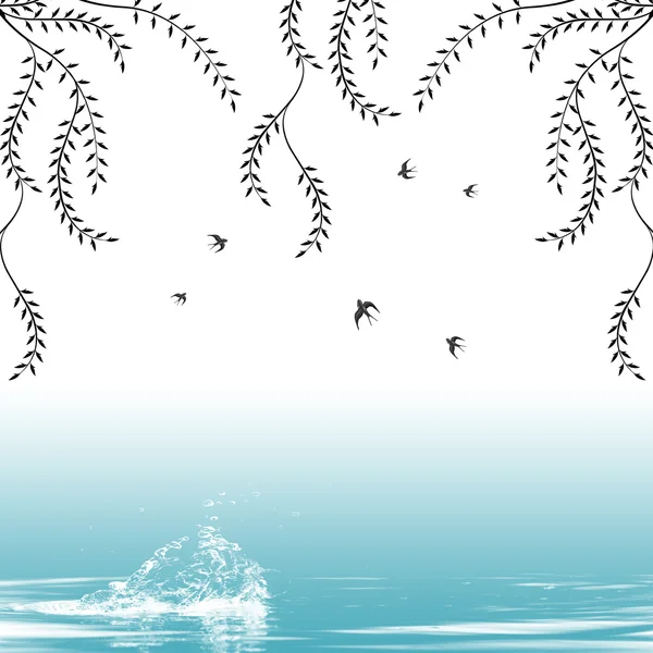 Branche de saule et d'oiseaux — Image vectorielle