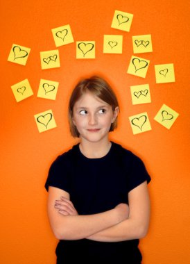 Young Girl Thinking and Sticky Notes clipart