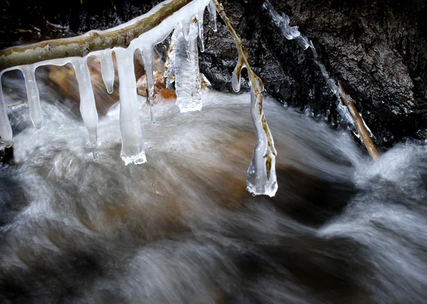 Ijspegels over bevroren stream — Stockfoto