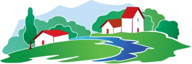 Rural background with farm in the mountain clipart