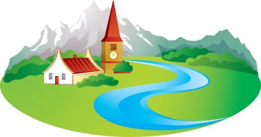 Rural background with farm in the mountain clipart