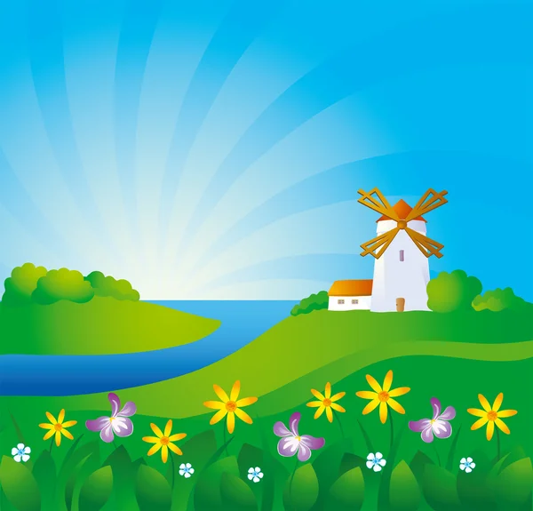 Contexte rural avec moulin à vent — Image vectorielle
