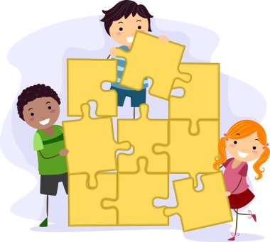 Kids Solving a Giant Jigsaw Puzzle clipart