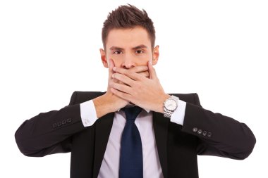 Business man making the speak no evil gesture clipart