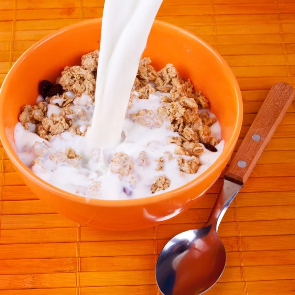 Latte versato sui cereali — Foto Stock