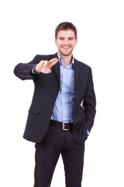 Business man touching imaginary screen clipart