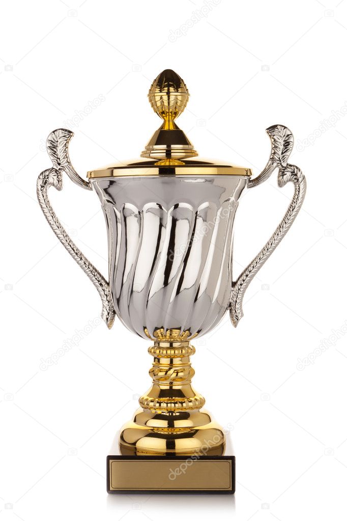 Gold trophy cup on white background