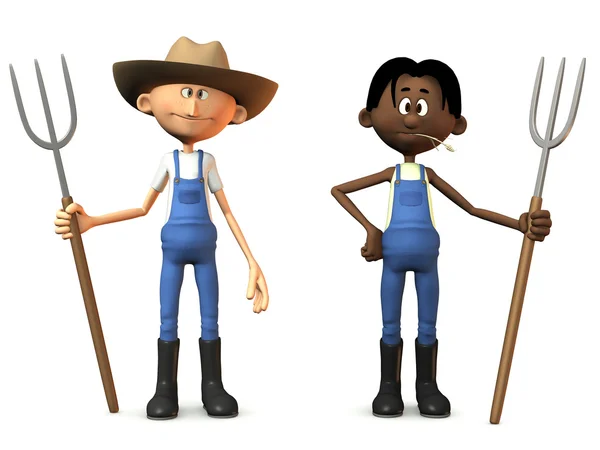 Agricultores de desenhos animados segurando forquilhas . — Fotografia de Stock