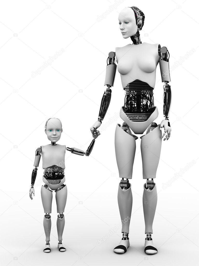 Robot woman with her child.