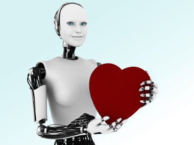 Robot woman holding big red heart. clipart