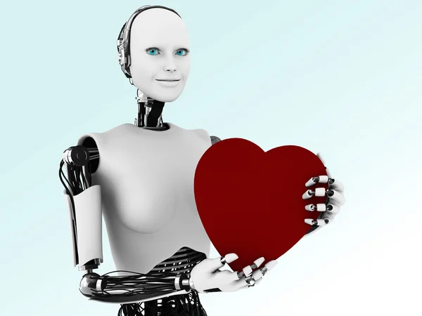 stock image Robot woman holding big red heart.